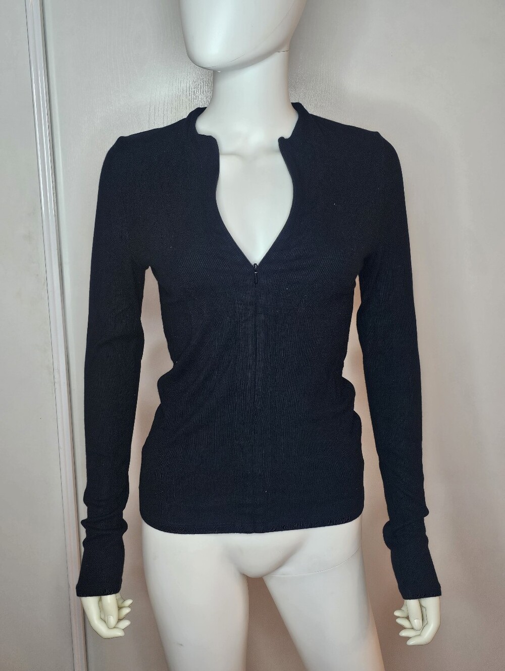 Joah Brown Black Long Sleeve Ribbed Zip-Up Top Size M/L